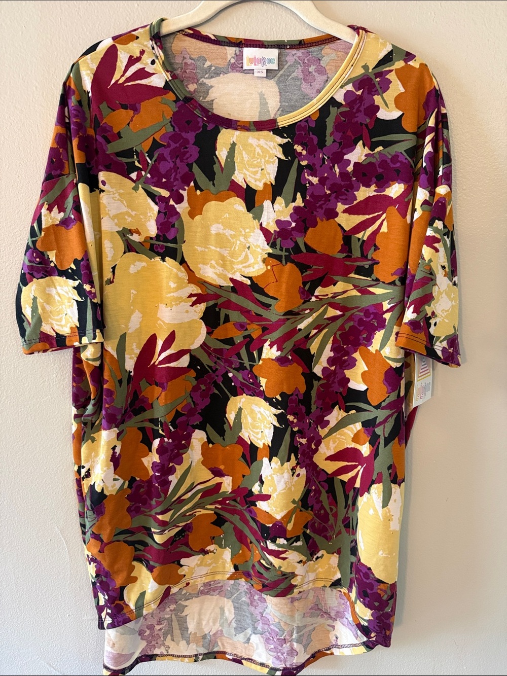 LuLaRoe Floral Short Sleeve Tunic in Yellow, Purple & Olive